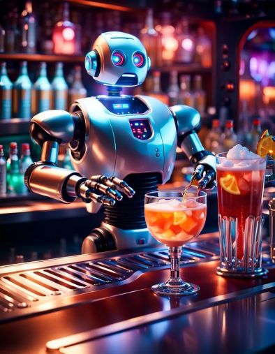 Един влиза в супер high tech бар където робот стои