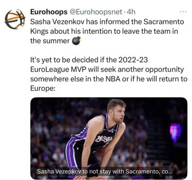 Според популярната баскетболна платформа Eurohoops net Александър Везенков е информирал Sacramento